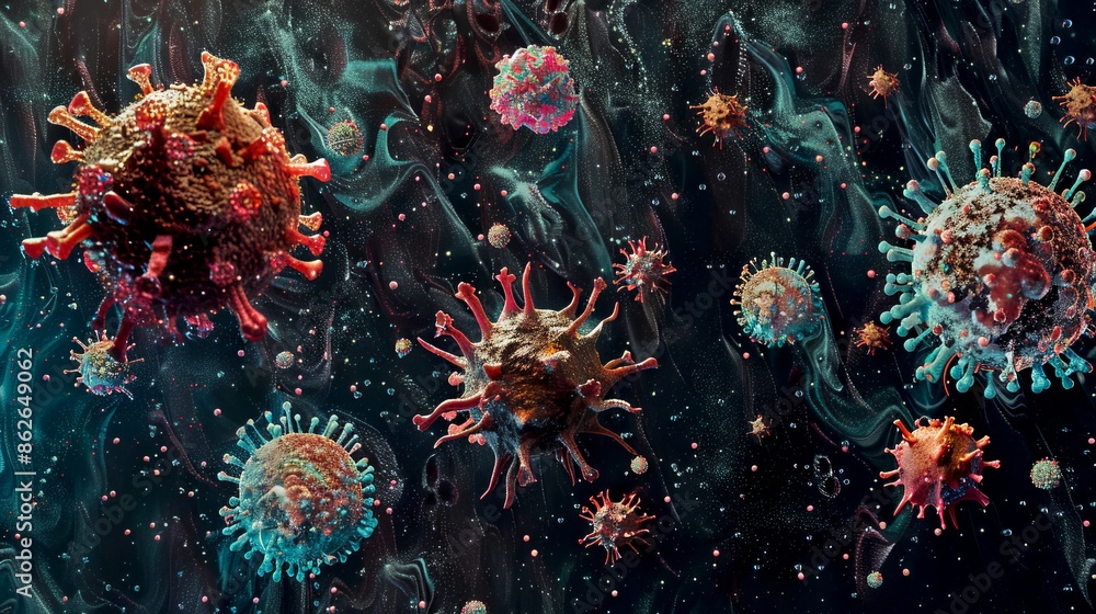 Aufkleber abstract microscopic view of various viruses in a dark, swirling background. ai-generated image of d