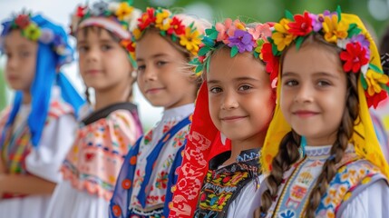 A group of young girls wear colorful traditional Romanian folk costumes while attending a summer festival