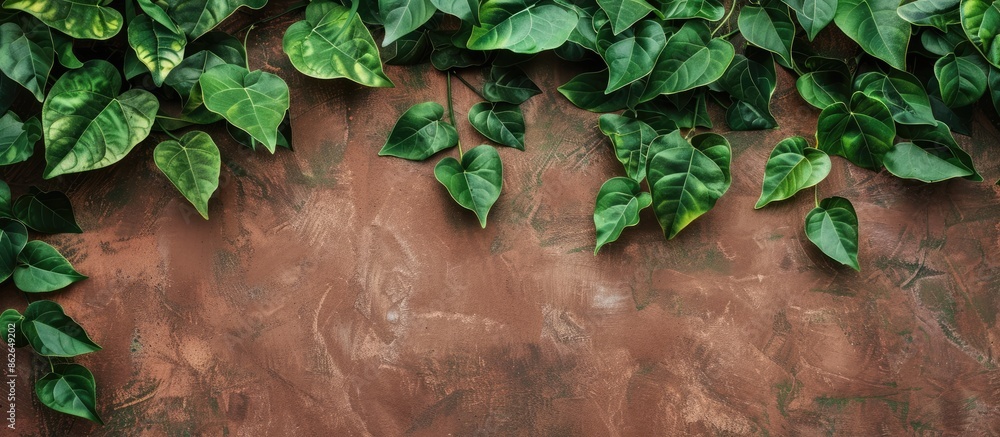 Aufkleber a brown wall serves as a backdrop for lush green leaves with ample copy space in the image.