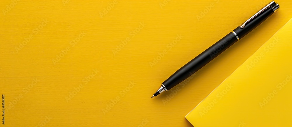 Fototapete Mockup with a pen on a yellow background featuring an empty white paper sheet for copy space image.