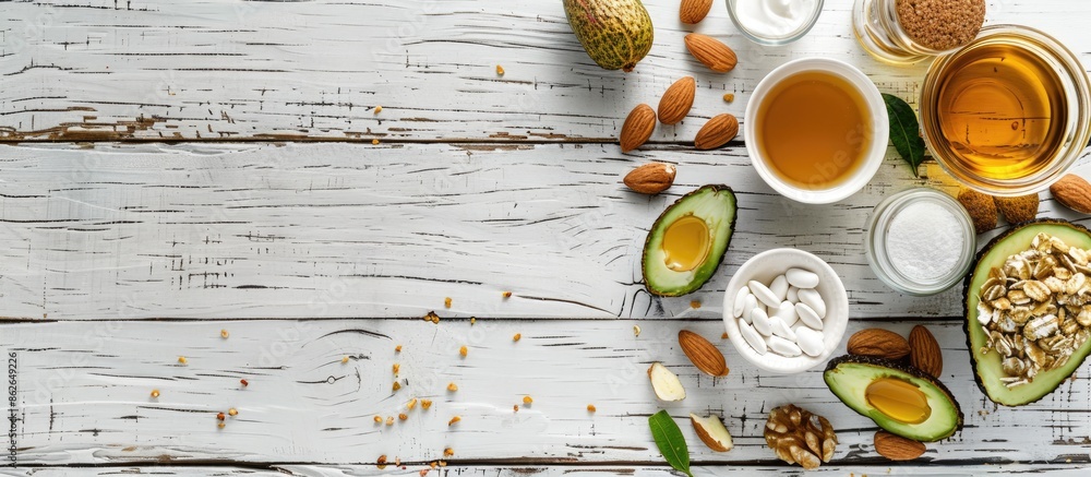 Poster flat lay image of various products rich in natural fats displayed on a white wooden table with copy 