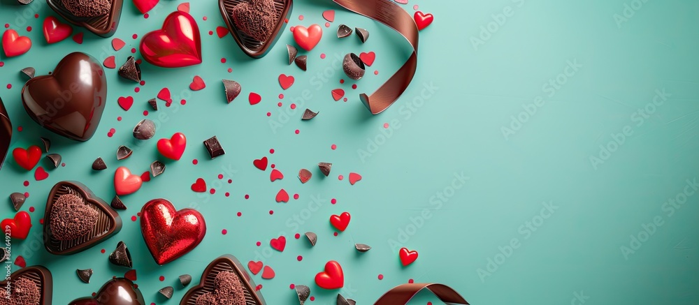 Fototapete Valentine-themed red and chocolate brown decorations on a mint background create an attractive border with space for text or images. Copy space image. Place for adding text and design