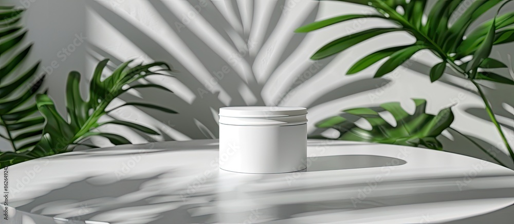 Poster product identity is highlighted in a stylish white cream jar mockup on a white table against a white