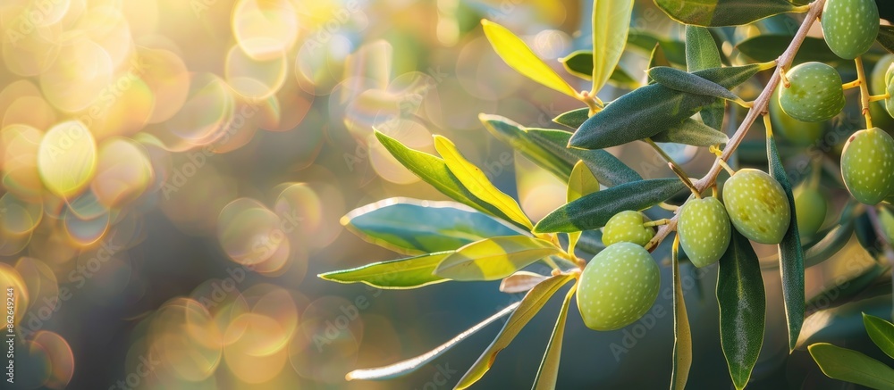 Poster A close-up image of a ripe olive branch with green leaves symbolizes the Mediterranean diet concept and features ample copy space for design.