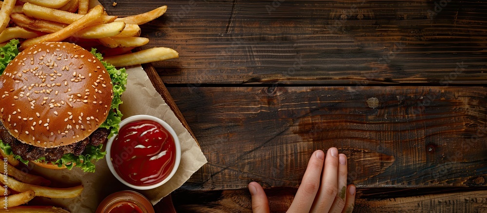 Poster Top-down shot of a tasty burger with beef, ketchup, and fries on a wooden surface, allowing for text in the image. Copy space image. Place for adding text and design