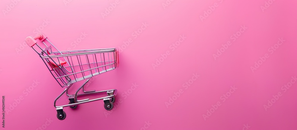 Aufkleber A bird's-eye view of a pink shopping cart on a pink backdrop, creating a vibrant shopping-themed wallpaper with space for text or design elements. Copy space image. Place for adding text and design
