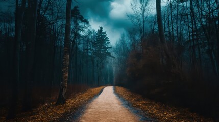 Fototapeta premium A dark forest road with trees on either side. The sky is cloudy and the trees are bare
