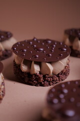 delicious dessert with chocolate cream, hazelnut praline and coffee. crispy base and chocolate decor. tasty pastry tart. modern dessert. layers. european confectionery
