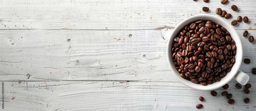 Poster coffee beans in bowl with coffee maker on a wooden surface, set against a white paper background in 
