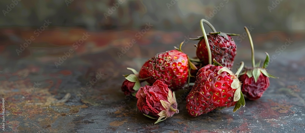 Poster a bunch of dried strawberries sits on the table with copy space image available.
