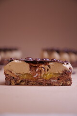 delicious dessert with chocolate cream, hazelnut praline and coffee. crispy base and chocolate decor. tasty pastry tart. modern dessert. layers. european confectionery
