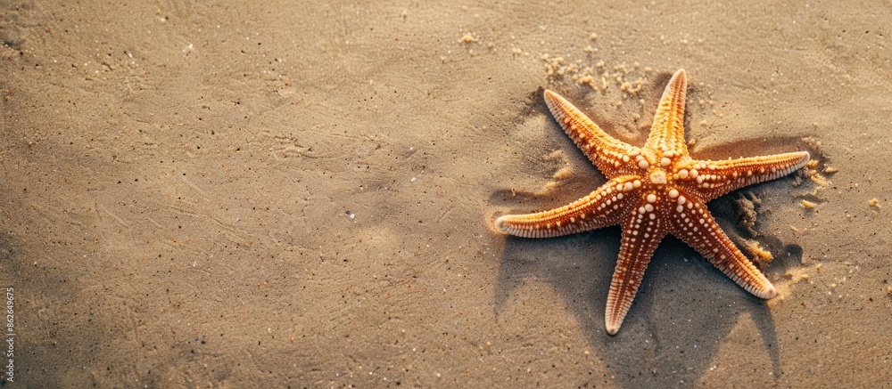 Poster Top view of a starfish on a sandy tropical beach with space for text in the image. Copy space image. Place for adding text and design