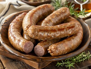  sausage maker mixing, stuffing, and seasoning ground meat into casings to create sausages. 