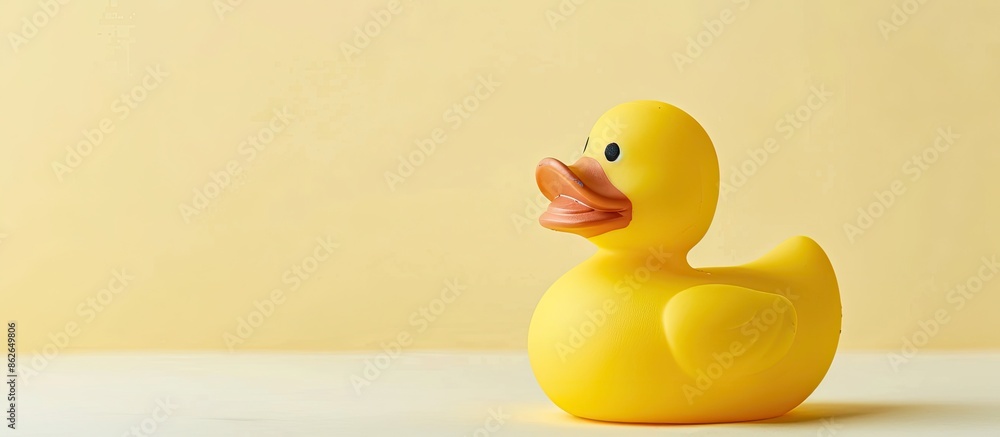Poster rubber duck toy with bright yellow color, ideal for bath time fun, displayed against a clean backgro