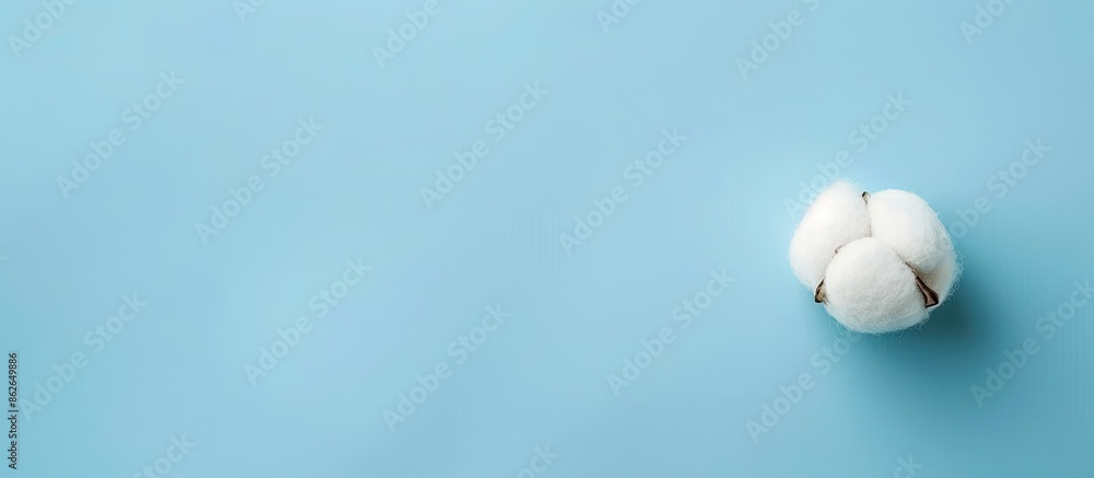 Poster composition featuring a cotton ball on a blue background in a macro flat lay style with copy space i
