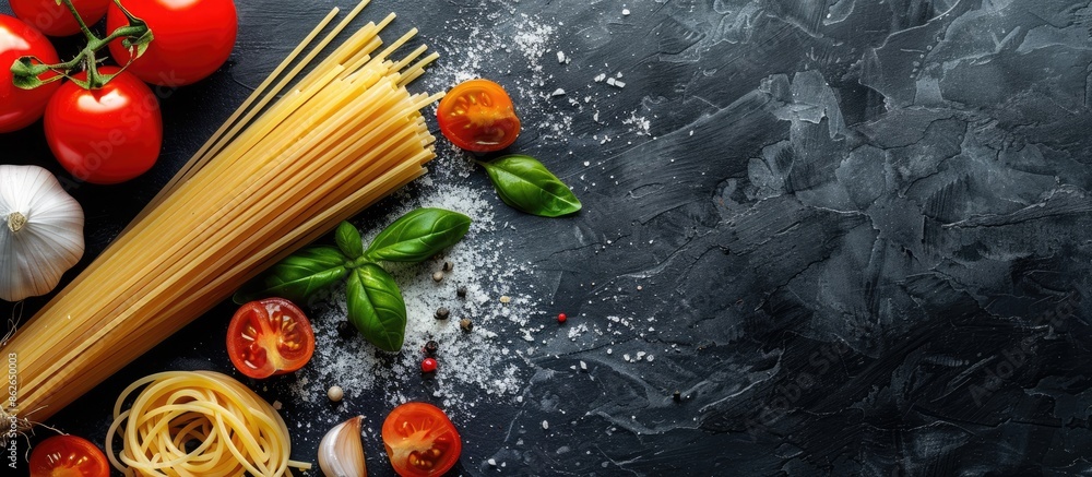 Poster top view of raw spaghetti on a black stone table with tomato, garlic, and basil, allowing for copy s