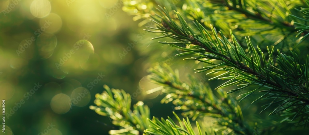Leinwandbilder Capture a close-up view of fresh green coniferous tree shoots basking in the sunlight of a summery day, against a blurred backdrop of coniferous needles, with available copy space in the image.