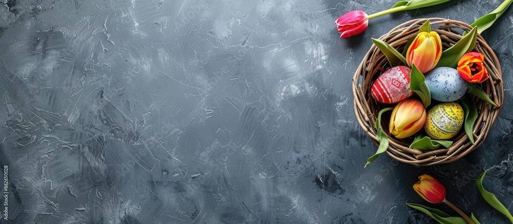 Poster Colorful Easter eggs and tulips in a basket on a gray background seen from above, with space for text or images. Copy space image. Place for adding text and design