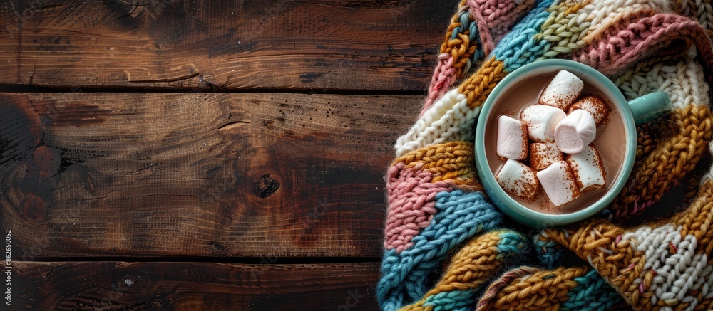 Fototapete a cocoa cup with vibrant marshmallows, yarn, set on a rustic wooden backdrop, perfect for a stylish 