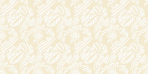 Modern white on cream lace effect wedding border texture. Soft tonal linen openwork block print with subtle hand drawn lattice damask printed fabric banner edge trim. 