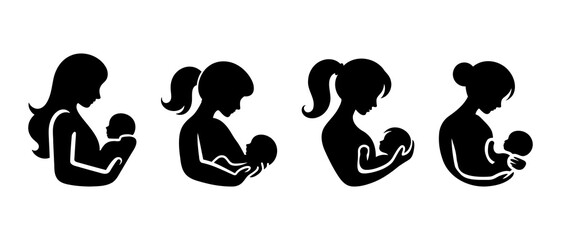 Mom and baby silhouette . Breastfeeding black filled vector Illustration icon. Mother's day vector. Mother holding her little baby. 