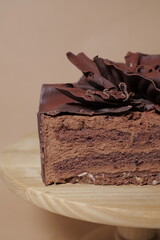 extremely chocolate cake with flower chocolate decor. pastry art. sponge cake and chocolate cream ganache. modern pastry. european dessert. chocolate art