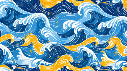 Naklejka premium Abstract vector seamless pattern with blue and yellow waves, ocean or sea background, hand drawn style