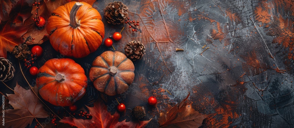 Poster thanksgiving-themed setup with pumpkins, leaves, and decorations on a textured table. offers a close