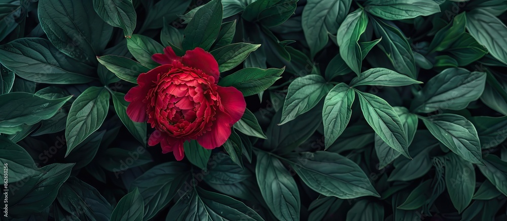Aufkleber top view of a red peony in bloom amidst lush greenery, ideal for a postcard design featuring copy sp