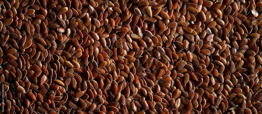 Aufkleber Top view of brown flax seeds with a detailed look. Background and texture visible in the image with empty space available for customization. Copy space image. Place for adding text and design