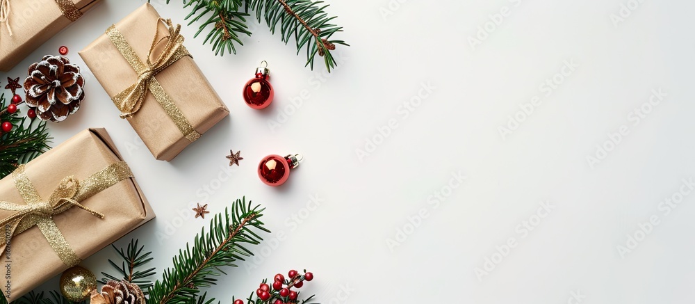 Aufkleber top view of a christmas-themed setup with a fir tree, gift box, and decorations on a white backgroun