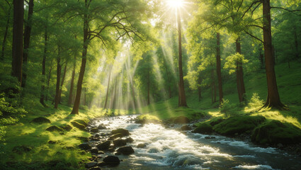 Obraz premium The image is of a forest with a stream running through it. The sun is shining through the trees.