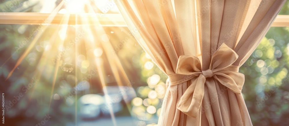 Poster An elegant bow adorns the beautiful curtain on the window, adding a decorative touch with its natural material, creating a cozy atmosphere around a peaceful copy space image.