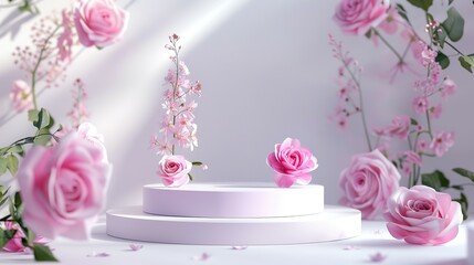 Pink Roses and Flowers on a White Pedestal