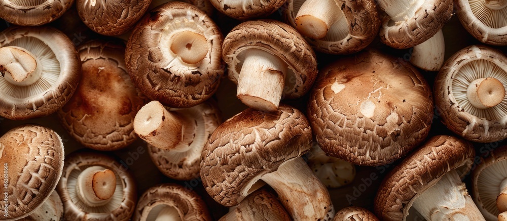 Poster close-up view of brown mushrooms, including champignons, whole and cut in half, with ample copy spac