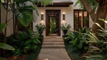 A house with a large front door and a large tree in front of it. The house is surrounded by a lush green garden with many plants and trees