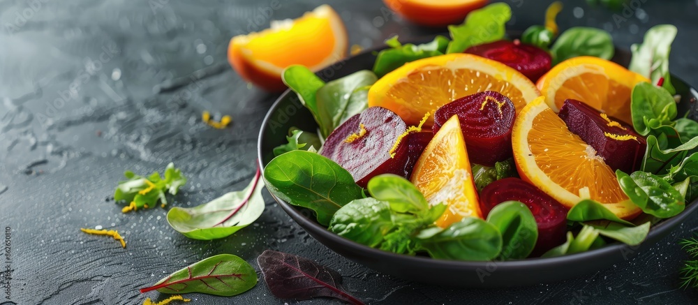 Poster fresh and healthy citrus salad with beets and green leaf lettuce on a table with a food background, 