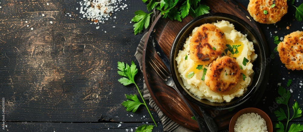 Poster A bowl of mashed potatoes and cutlet on a wooden board with a dark rustic background, shown from above with a flat lay perspective, providing copy space image.