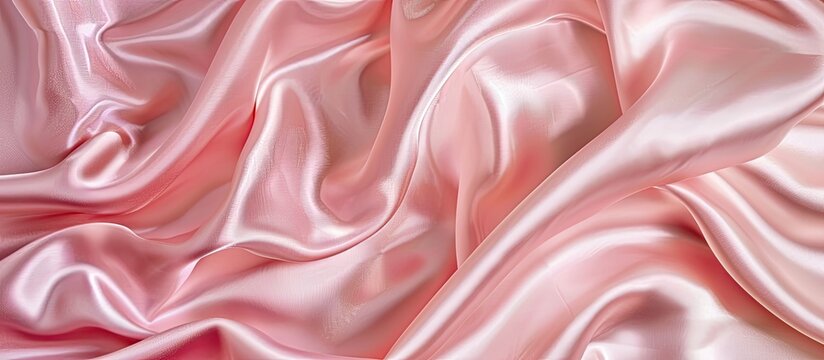 Luxurious baby pink satin silk fabric with a smooth, elegant, wavy texture for an abstract background design, providing copy space image.