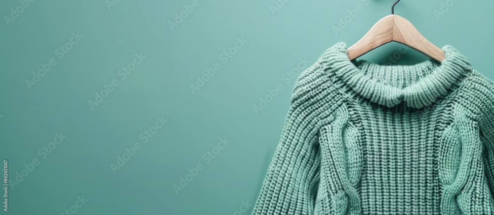 Poster mint background with knitted sweater on hanger, featuring copy space image.