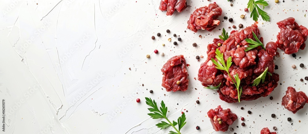 Poster Top view of forcemeat displayed on a white background with copy space image.