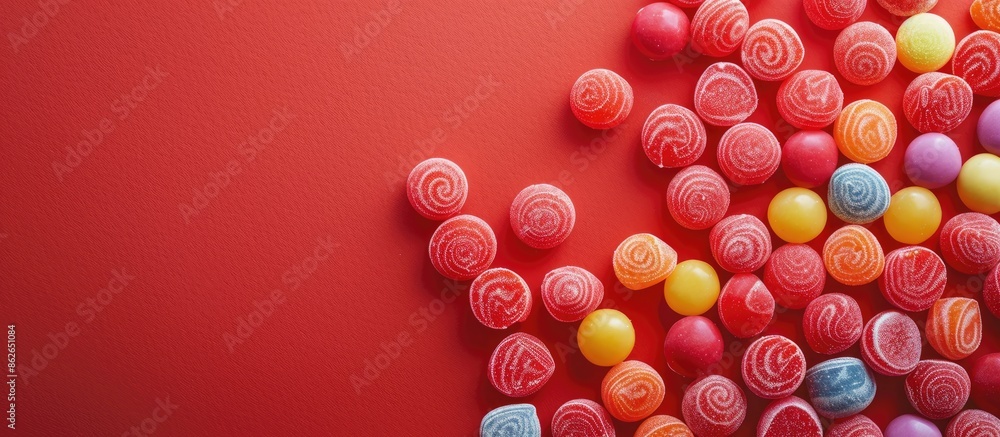 Poster Vibrant circular candy on a red backdrop with ample copy space image.
