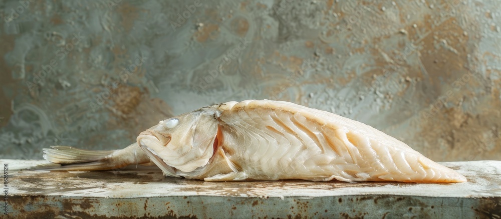 Poster A headless, raw white carp fish slice displayed on a table with copy space for a food background.