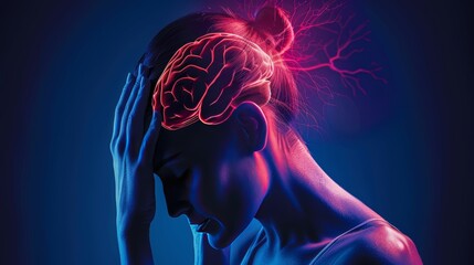 A digital illustration depicting a person with a headache, with a glowing brain visible within their head.