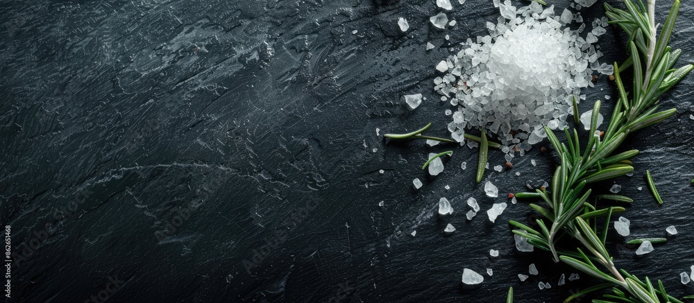 Poster Image with salt and rosemary on a dark surface with empty space for text. Copy space image. Place for adding text and design