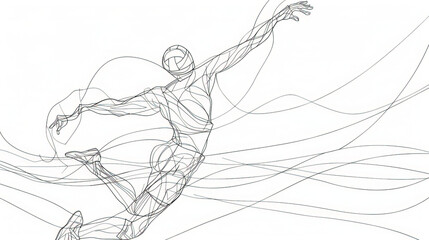 Volleyball. One line illustration of a volleyball player in action. Detailed, dynamic pose, minimalist style, continuous line drawing, elegant and expressive