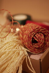 christmas and new year holidays. magical atmosphere. packaging and ribbons for gifts