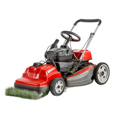 A red lawn mower with a green grass catcher