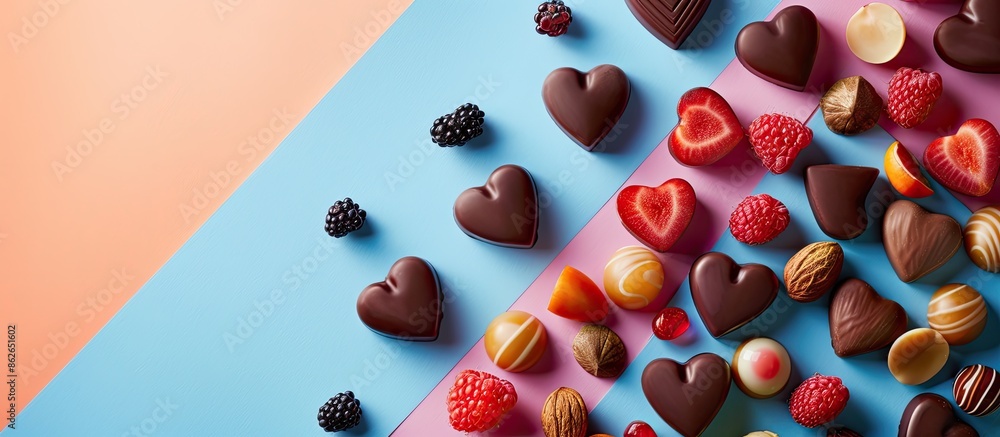 Poster heart-shaped chocolate sweets with fruits and nuts displayed on a colorful backdrop in a top-down vi