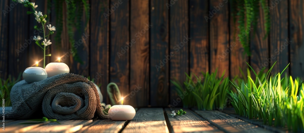 Poster spa treatment elements displayed on a dark background on a wooden table with green grass, allowing f